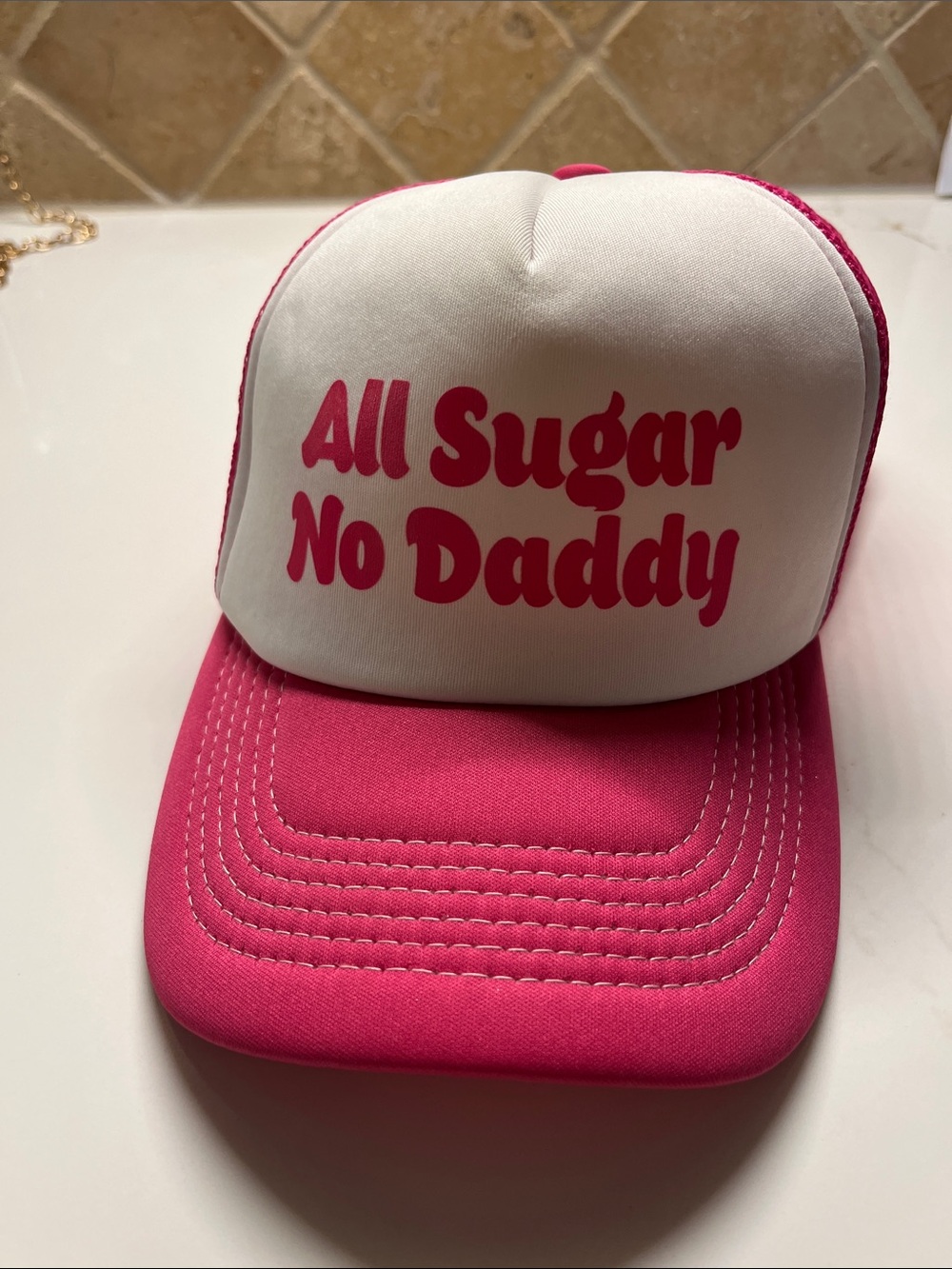 Pink and White 'All Sugar No Daddy' Kids Trucker Hat